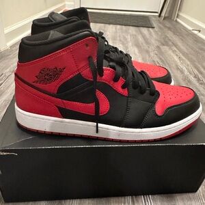 Jordan 1 Mid BANNED..Men's Red and Black High-Top Sneakers